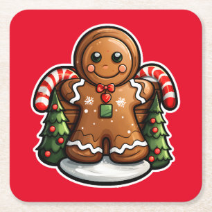 Gingerbread man with candy canes square paper coaster