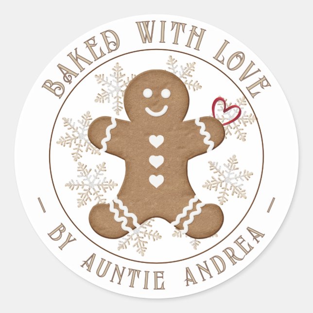 Gingerbread Man with Hearts Snowflakes Holiday  Classic Round Sticker (Front)