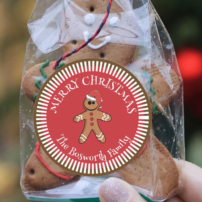 Gingerbread Man with Santa Hat Merry Christmas Classic Round Sticker (Creator Uploaded)
