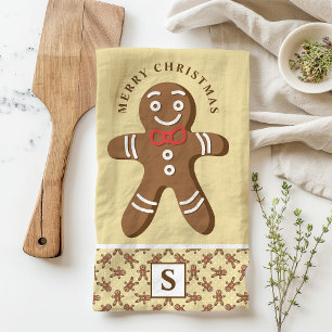 Gingerbread Man Yellow Monogram Merry Christmas Tea Towel