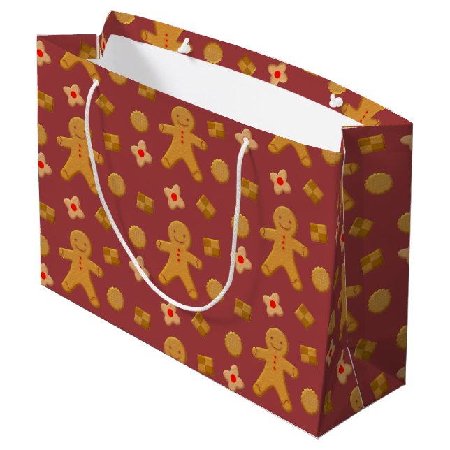 Gingerbread Men and Cookies Burgundy Pattern Large Gift Bag (Back Angled)