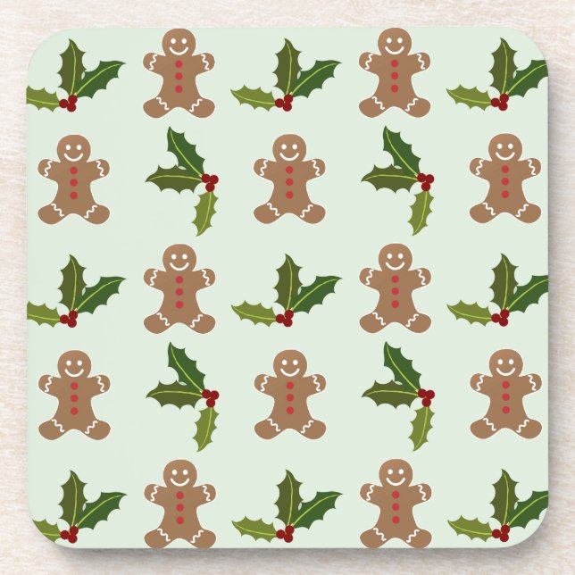 Gingerbread Men and Holly Pattern Coaster (Front)