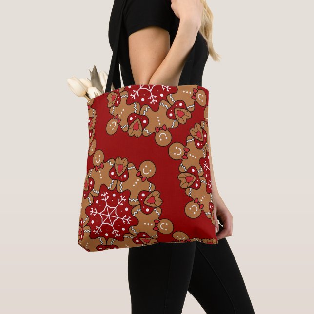 Gingerbread Men And Snowflake Mandala Tote Bag (Close Up)