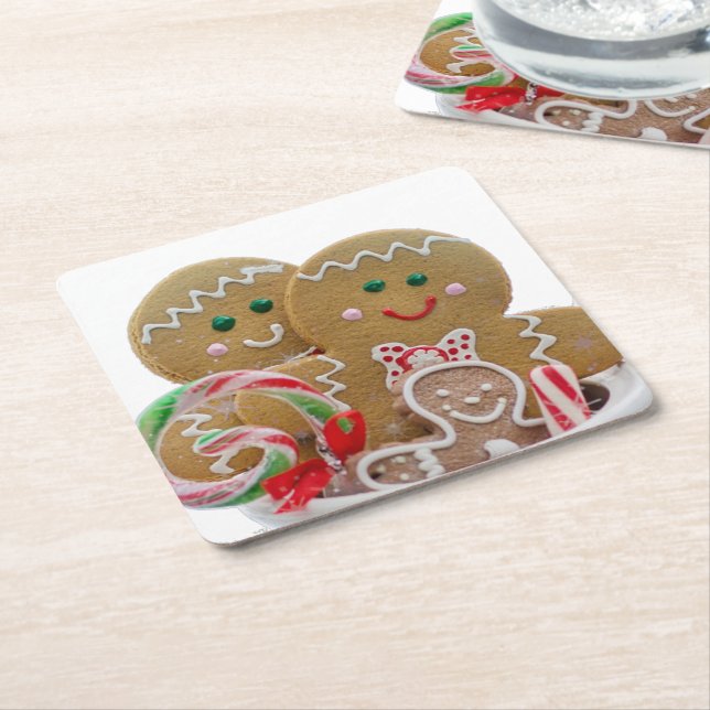 Gingerbread Men Family Christmas Square Paper Coaster (Angled)