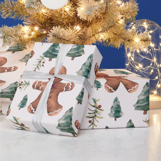 Gingerbread Men trees berries Modern Christmas Wrapping Paper (Holidays)
