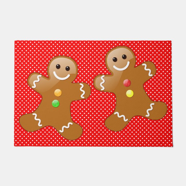Gingerbread Men White Polka Dots on Red Doormat (Front)