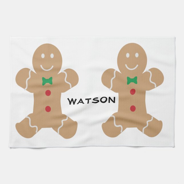 Gingerbread Men with Name Tea Towel (Horizontal)