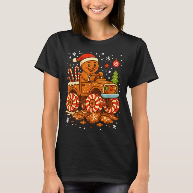 Gingerbread Monster Truck Christmas Snow Cute Xmas T-Shirt (Front)