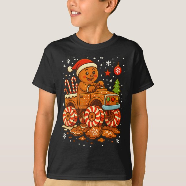 Gingerbread Monster Truck Christmas Snow Cute Xmas T-Shirt (Front)