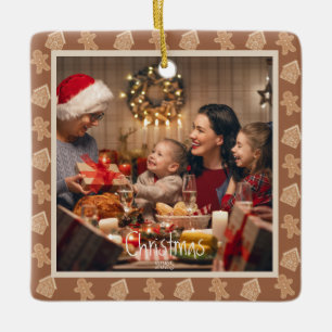 Gingerbread Neutral Christmas Photo Custom Ceramic Ornament