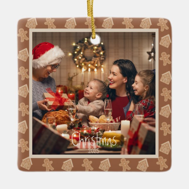 Gingerbread Neutral Christmas Photo Custom  Ceramic Ornament (Front)