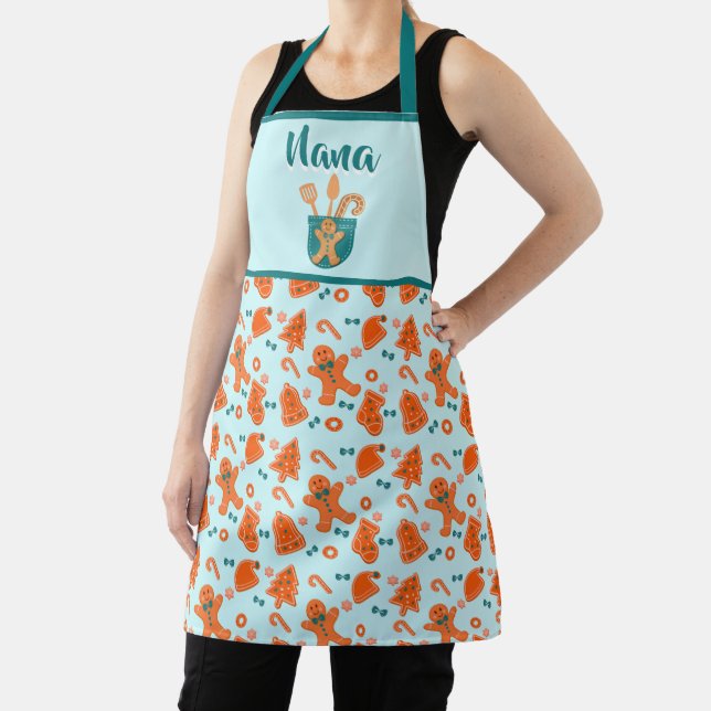Gingerbread Pattern Grandma Gift Turquoise Apron (Insitu)