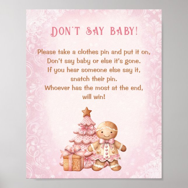 Gingerbread Pink Baby Shower Don't Say Baby Game Poster (Front)