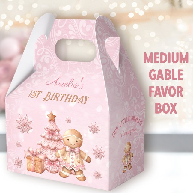 Gingerbread Pink Christmas 1st Birthday Medium Favour Box (Gingerbread Birthday Medium Gable Favor Boxes - You can choose from 3 sizes of gable favor boxes)