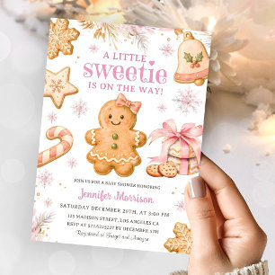 Gingerbread Pink Christmas Cookie Girl Baby Shower Invitation