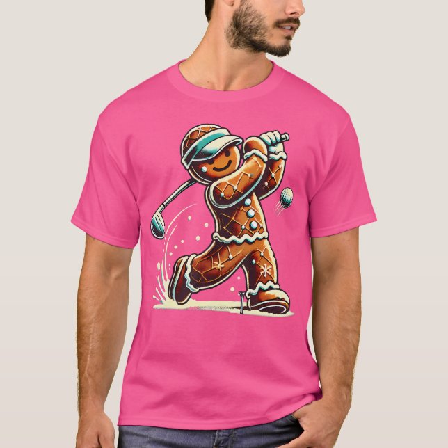 Gingerbread Playing Golf Ball Christmas Golf Lover T-Shirt (Front)