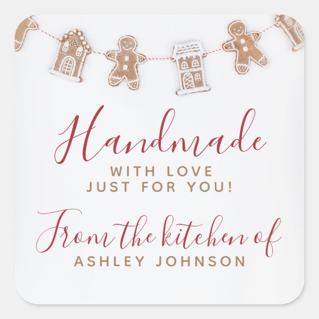 GINGERBREAD Red Handmade With Love Square Sticker (Front)