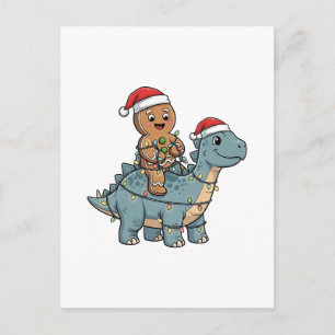 Gingerbread Riding A Dinosaur Santa Christmas Announcement Postcard