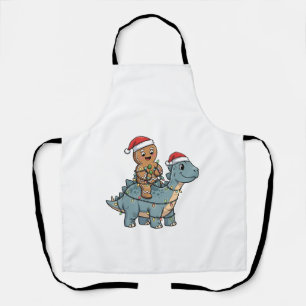 Gingerbread Riding A Dinosaur Santa Christmas Apron