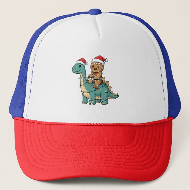 Gingerbread Riding A Dinosaur Santa Christmas  Trucker Hat (Front)