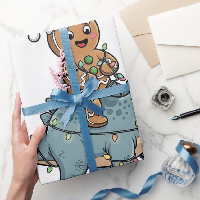 Gingerbread Riding A Dinosaur Santa Christmas Wrapping Paper (Gifting)