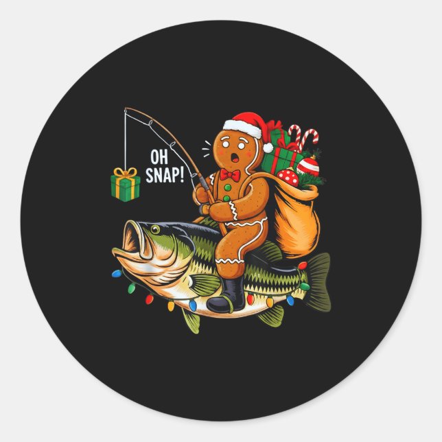 Gingerbread Riding B Fish Christmas Fishing Xmas P Classic Round Sticker (Front)