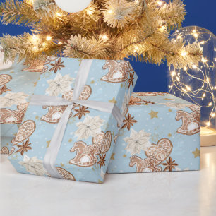 Gingerbread Rocking Horse Pattern on Blue Wrapping Paper