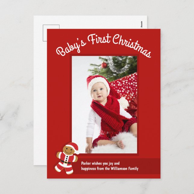 Gingerbread Santa Red Photo Baby First Christmas Holiday Postcard (Front/Back)