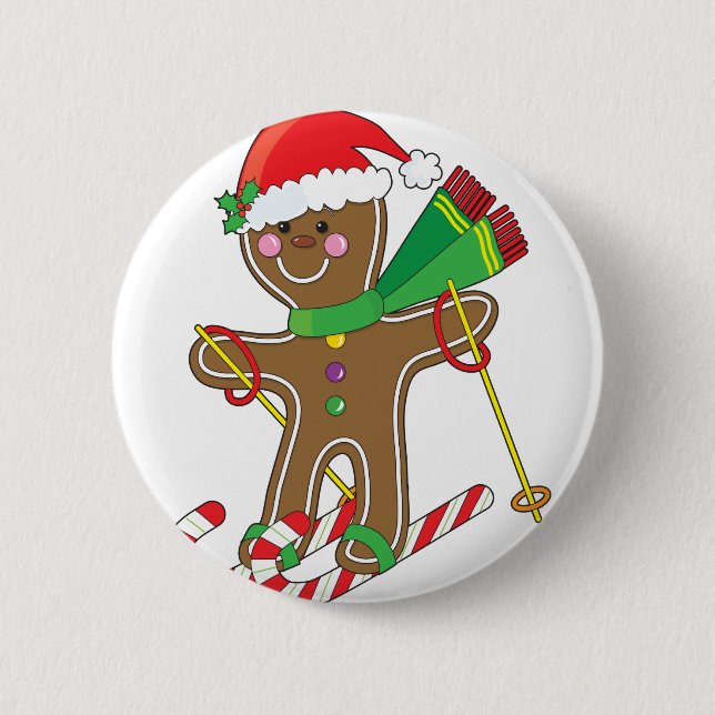 Gingerbread Skier 6 Cm Round Badge (Front)