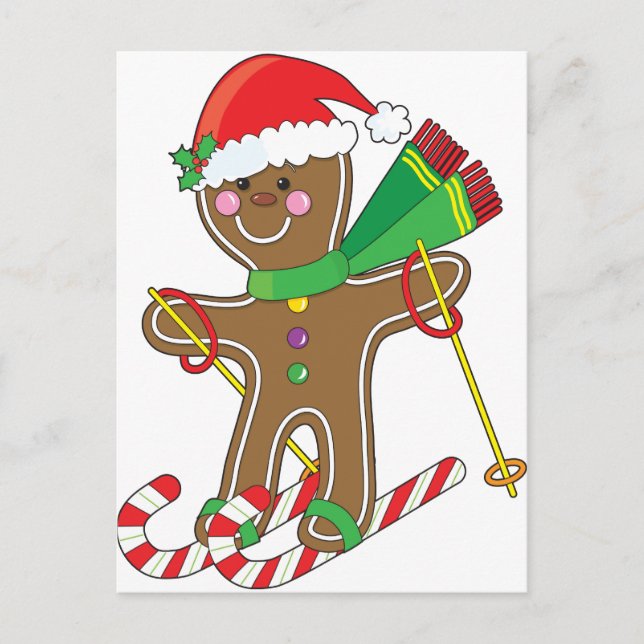 Gingerbread Skier Holiday Postcard (Front)