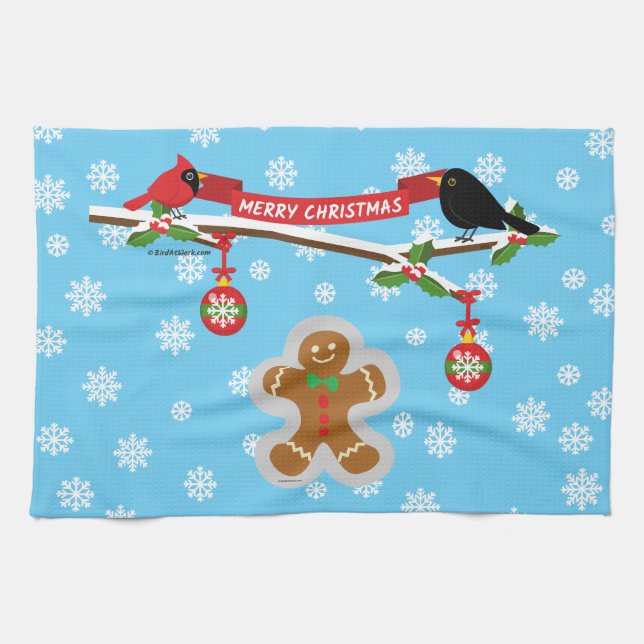 Gingerbread, Snowflakes and Birds Tea Towel (Horizontal)