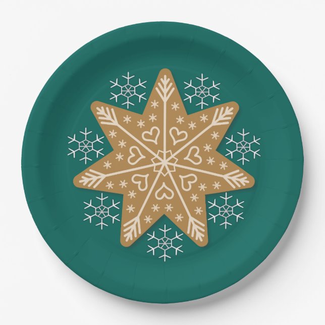 Gingerbread Star and Snowflakes Christmas Paper Plate (Front)
