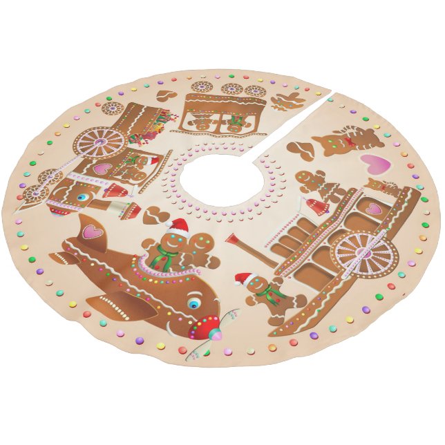 Gingerbread Steam Train, Steamboat, And Aeroplane Brushed Polyester Tree Skirt (Angled)