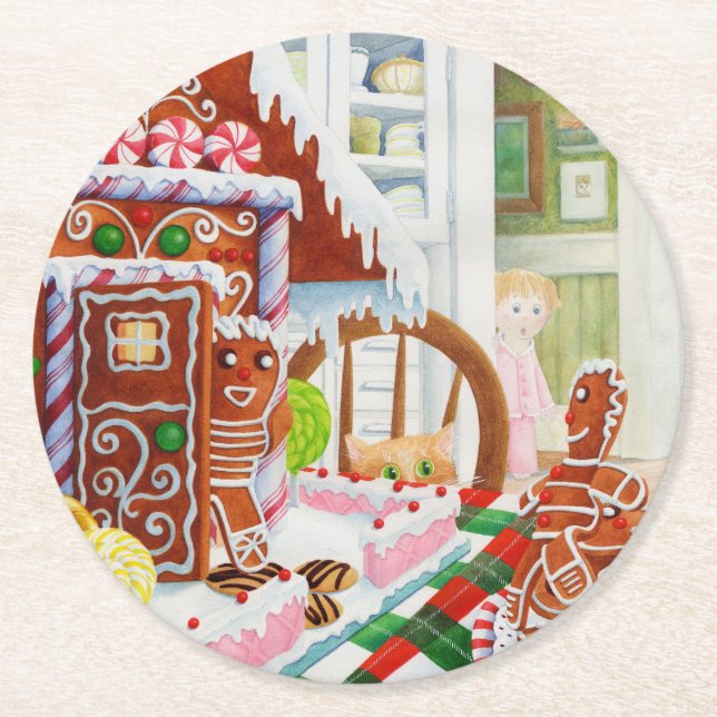 GINGERBREAD SURPRISE Round Paper Coasters (Front)