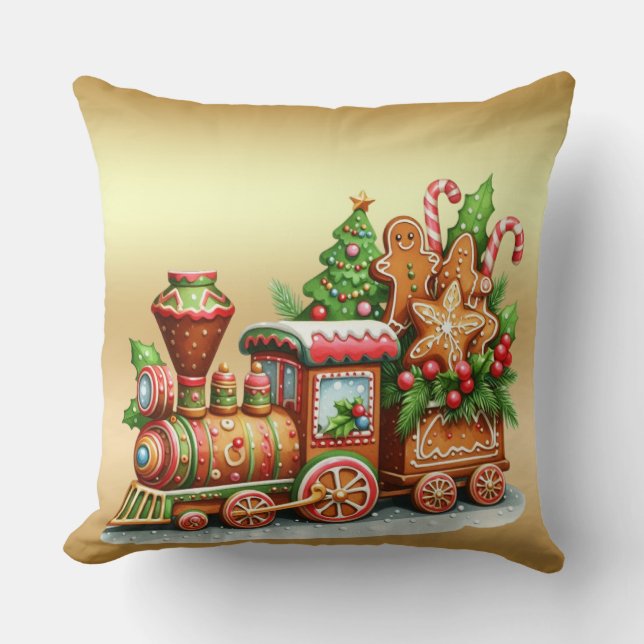 Gingerbread Train Holiday Throw Pillow (Front)