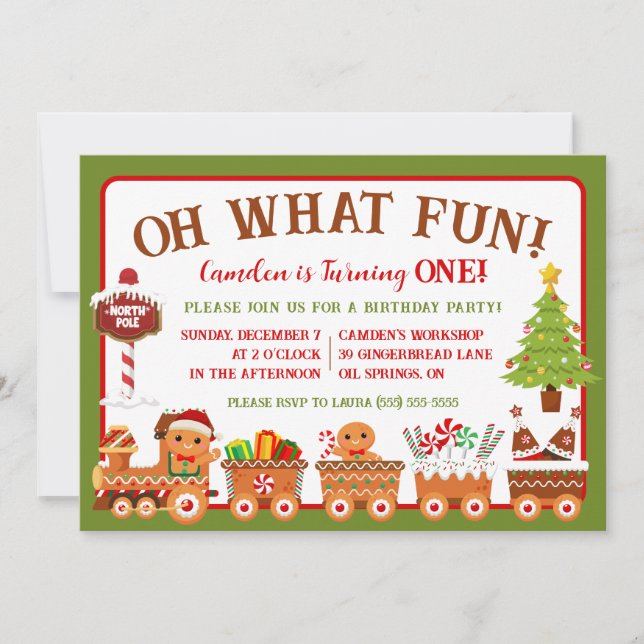 Gingerbread Train, Oh What Fun! 1st Birthday Party Invitation (Front)