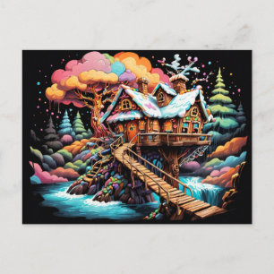 Gingerbread treehouse above stream christmas holiday postcard