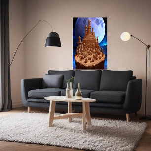 Gingerbread village and the moon AI Art Poster