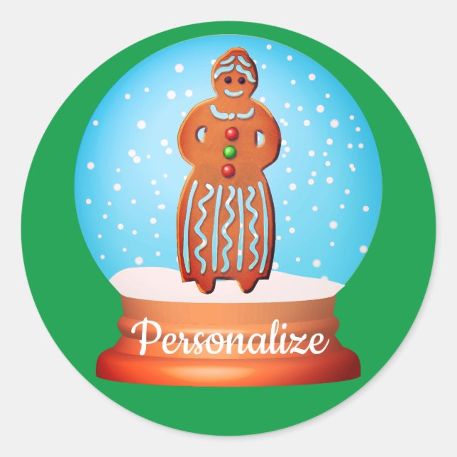 Gingerbread woman cookie snow globe green classic round sticker (Front)