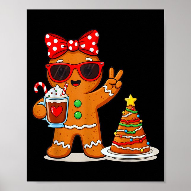Gingerbread Women Drinking Coffee Christmas Tree C Poster (Front)
