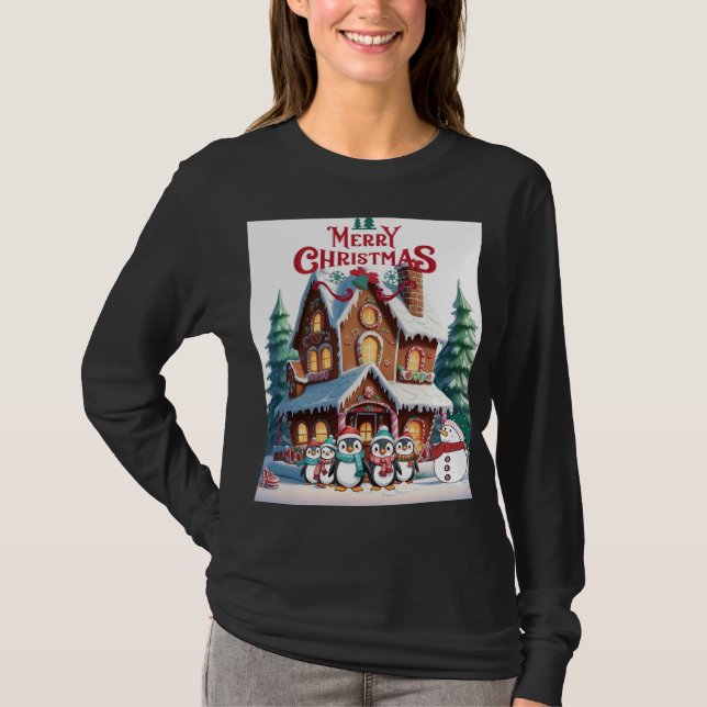 Gingerbread Wonderland with Holiday Penguins T-Shirt (Front)
