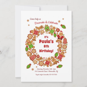 Gingerbread Wreath Holiday Birthday Party Invitation