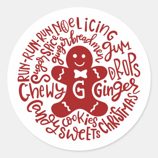 Gingerman Christmas Winter Candy Typography Classic Round Sticker (Front)