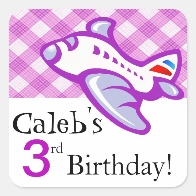 Gingham Aeroplane Birthday Party Favour | lilac Square Sticker (Front)