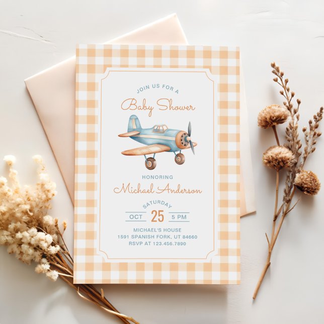 Gingham Aeroplane Boy Baby Shower Invitation (Creator Uploaded)