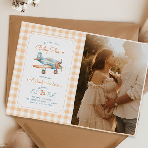 Gingham Aeroplane Boy Baby Shower Photo Invitation
