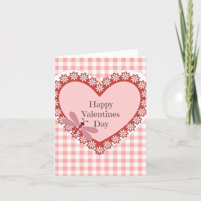 Gingham and Dragonfly Valentines Day Card (Front)