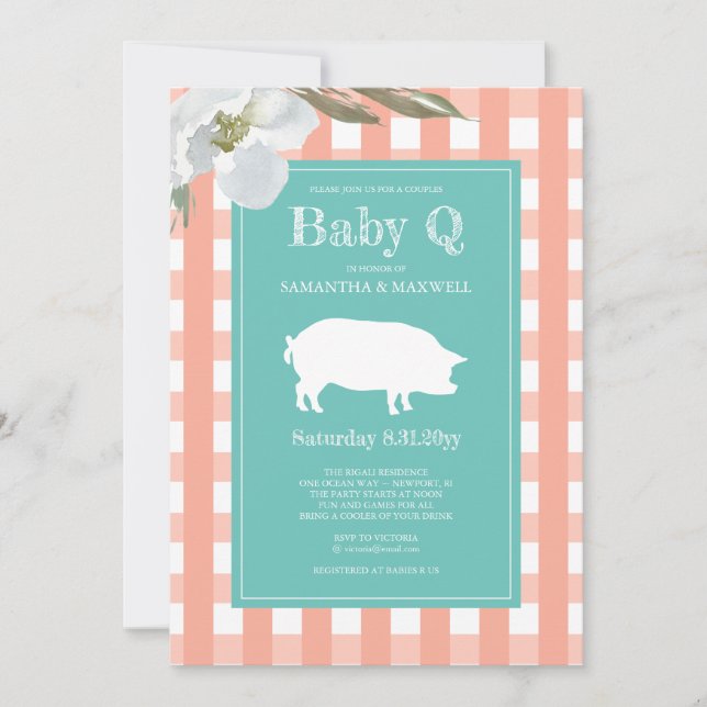 Gingham and Pig Baby Q Baby Shower Invitation (Front)