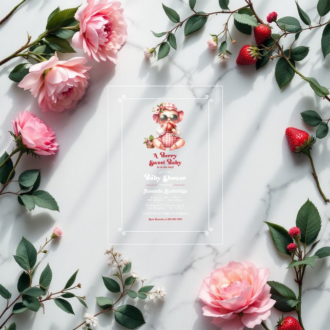 Gingham and Strawberry Berry Sweet Baby Shower Acrylic Invitations (Gingham and Strawberry Baby Shower Acrylic Invitation)