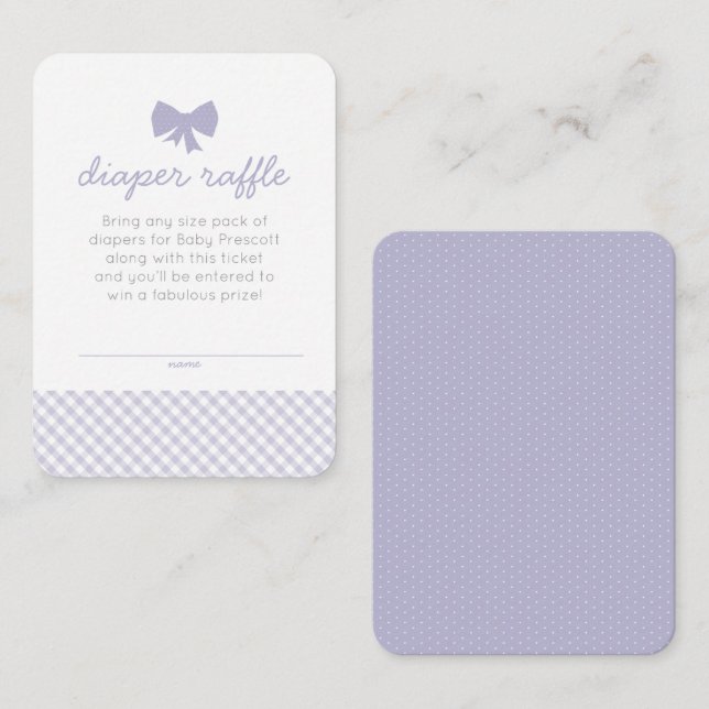 Gingham baby shower purple diaper raffle ticket enclosure card (Front/Back)